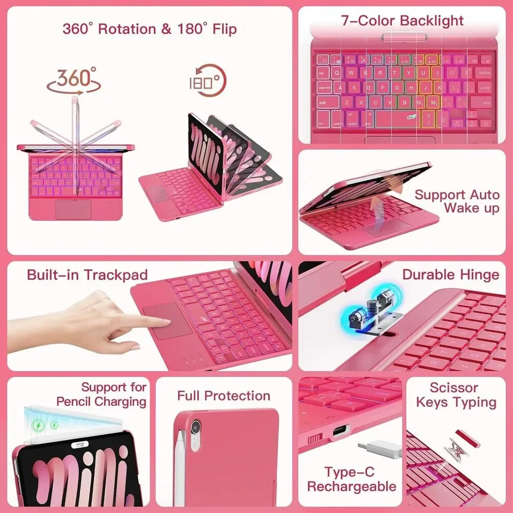 iPad mini 7 (A17 Pro, 2024) & Mini 6 (2021) Case with Keyboard, 7 Colors Backli